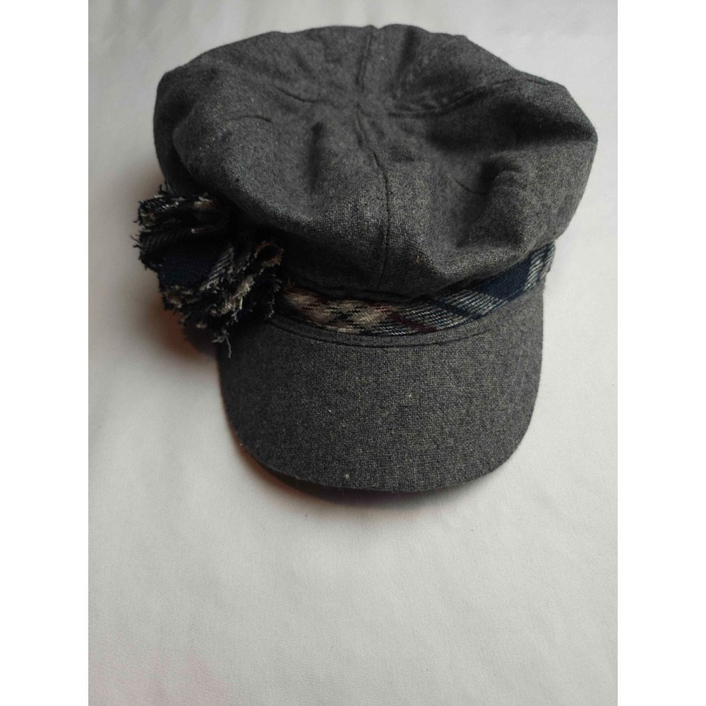 August Newsboy Cap Hat Women Gray Wool Blend Plaid Trim Flower Cabbie Baker Boy